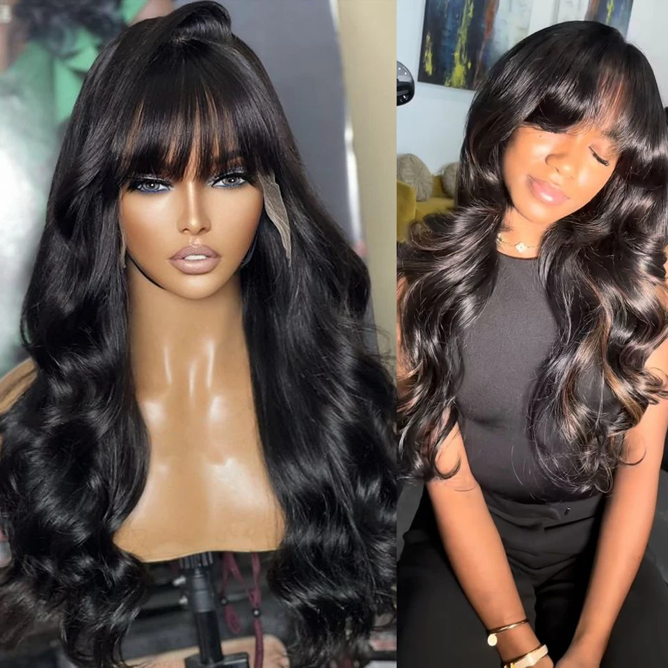 Human Hair Wig With Bangs Fringe Body Wave Lace Front Wigs For Women Glueless HD Lace Frontal Wig With Bang On Sale Clearance