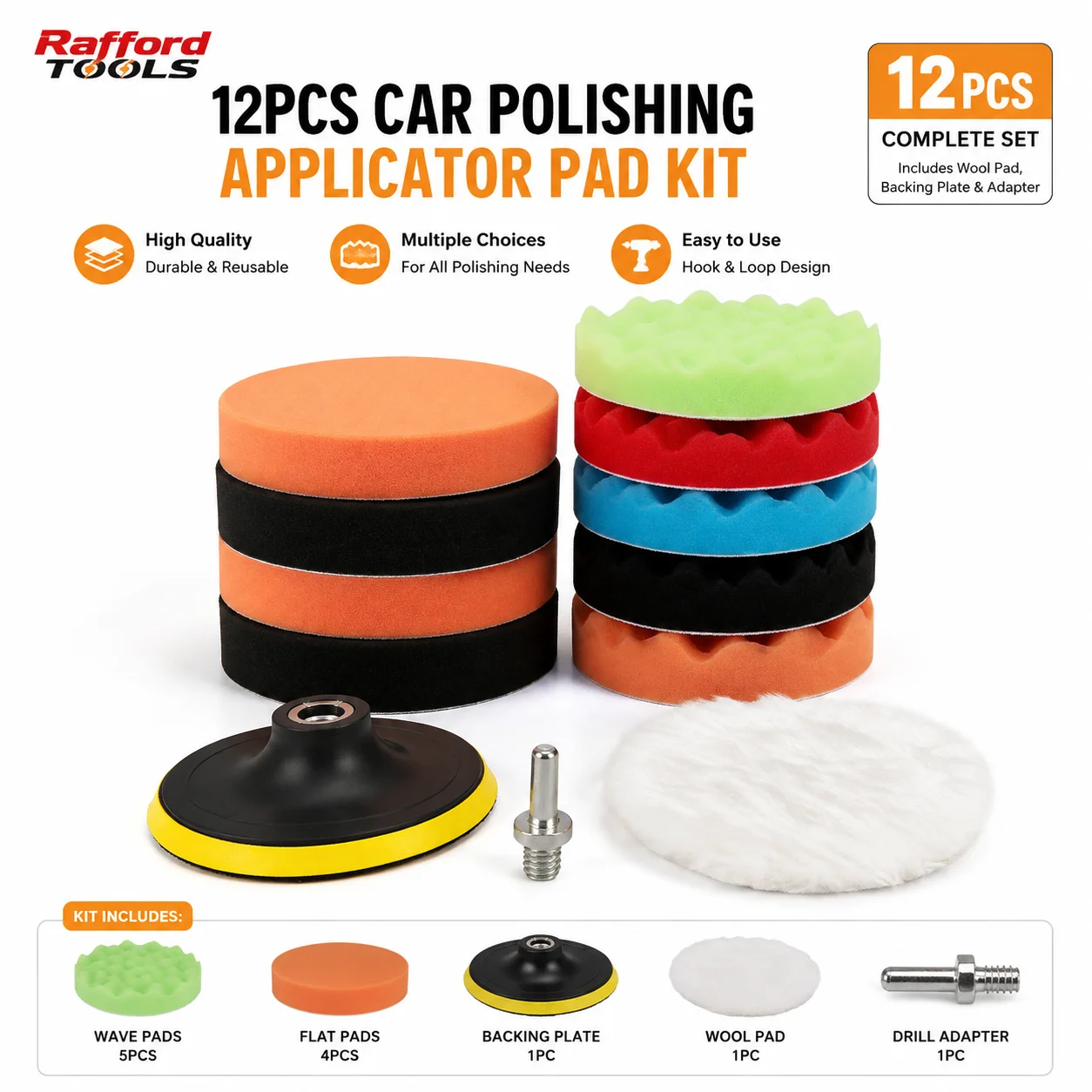 Rafford 12-teiliges 5-Zoll Auto-Polierpad-Set Schaumstoff-Schwamm-Wollpad Polier- und Wachsset mit Trägerplatte und Bohradapter für Autopflege – Detail 1