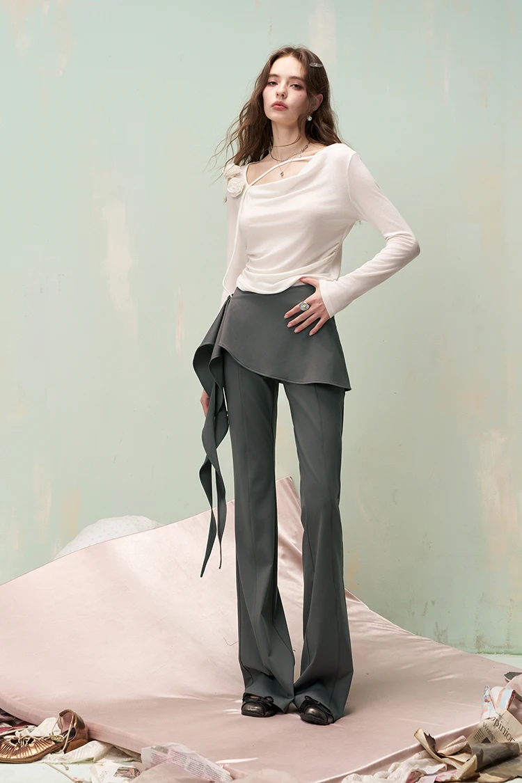 ELFSACK Y2K Flare Pants with Detachable Front Skirt, Stretchy Knit Sweet Trousers, Casual Streetwear Bottoms for Women