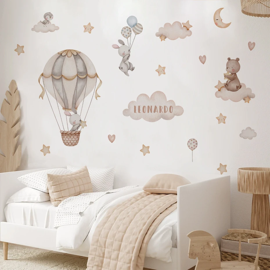 

Custom Names Cartoon Hot Air Balloon Animals Bear Rabbits Wall Stickers for Kid Room Boy Room Decoration Nursery Baby Room Decal