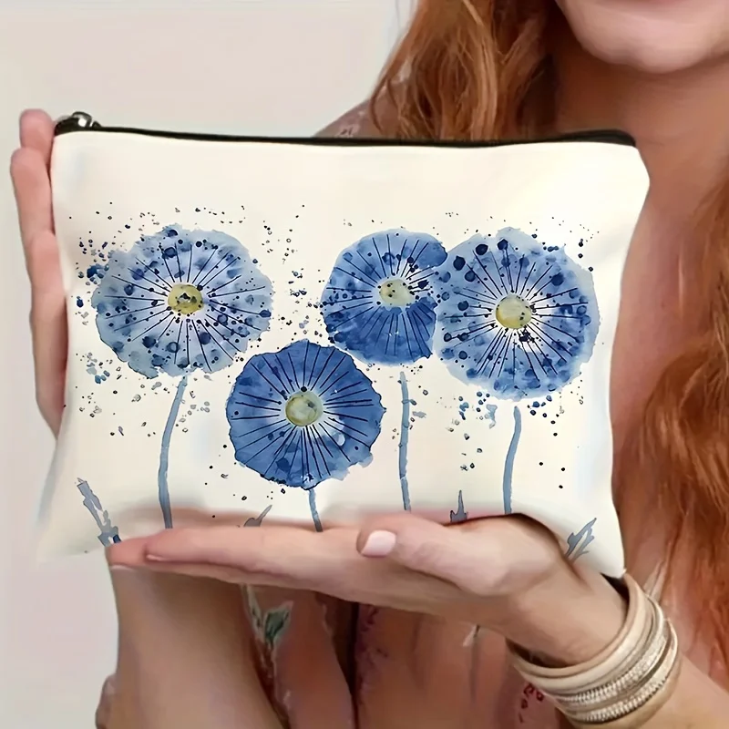 1Pc Spring and Summer Watercolor Blue Flower Retro Design Makeup Bag, Fashionable Toiletry Bag, Snack Storage Bag, Stationery Storage Bag, Canvas Double-Sided Printed Travel Bag