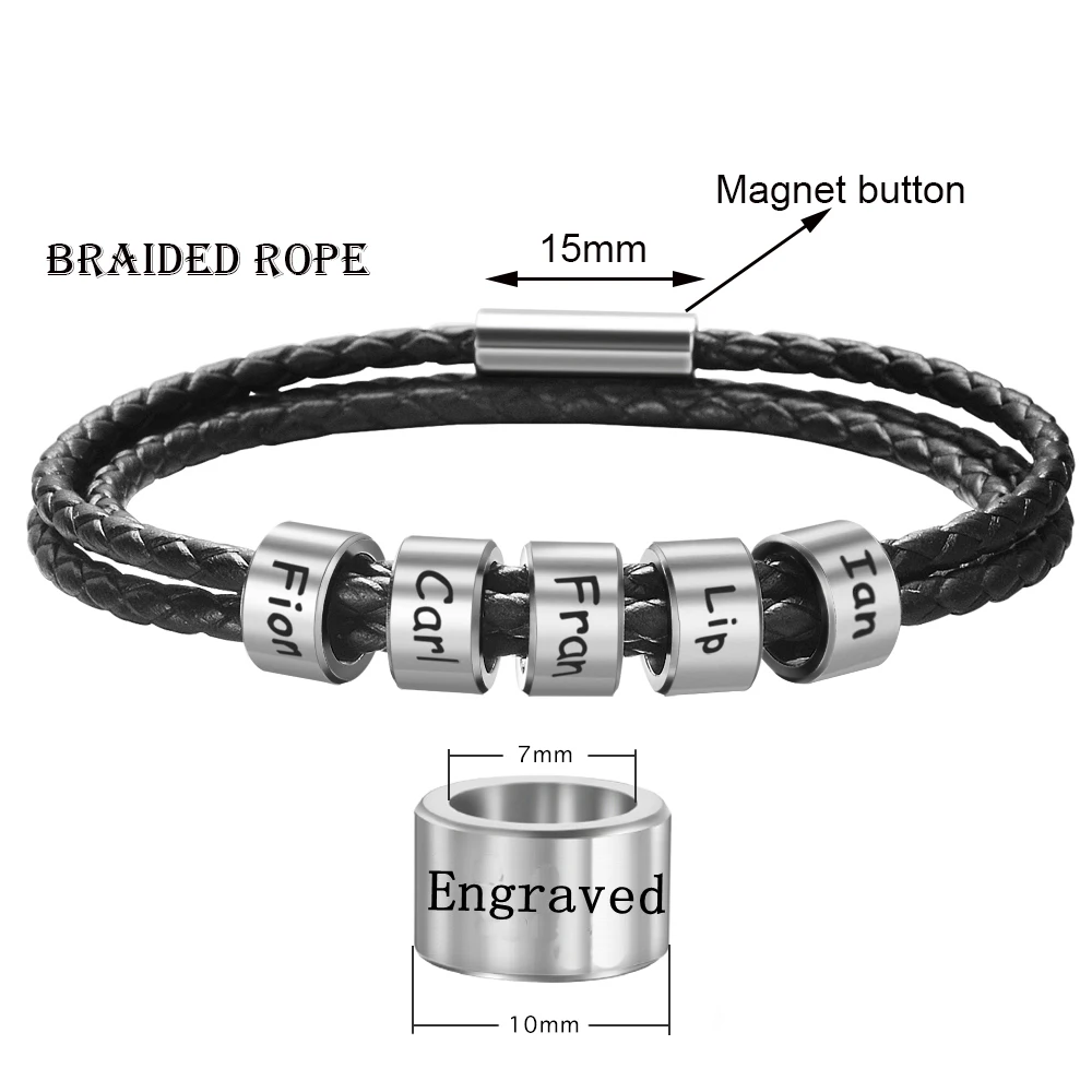 Custom Engrave Family Names Bracelets Personalized Stainless Steel Bead Charms Bracelet Genuine Leather Magnet Clasp Bangle Gift