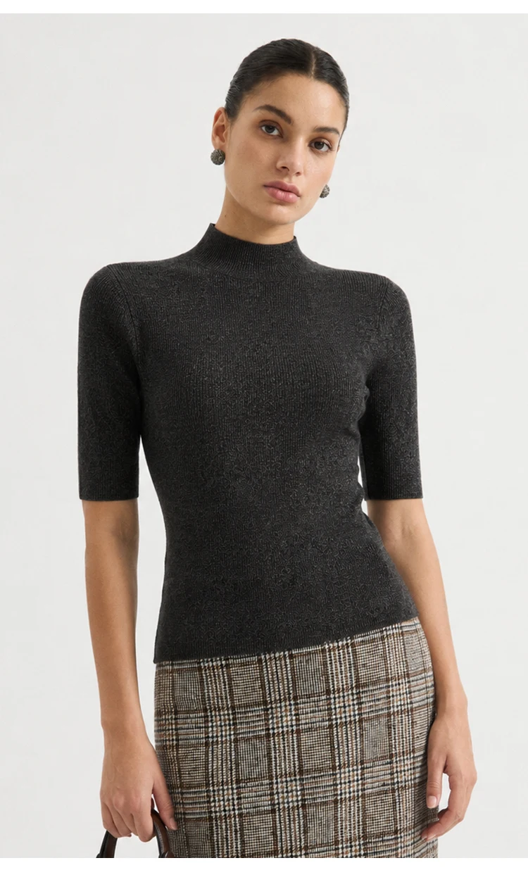 MZ62004 Damen Kaschmir-Mischung Kurzarm-Strickoberteil mit Stehkragen, Weich Strukturierter Pullover für Arbeit und Alltag, Herbst 2026 – Detail 4