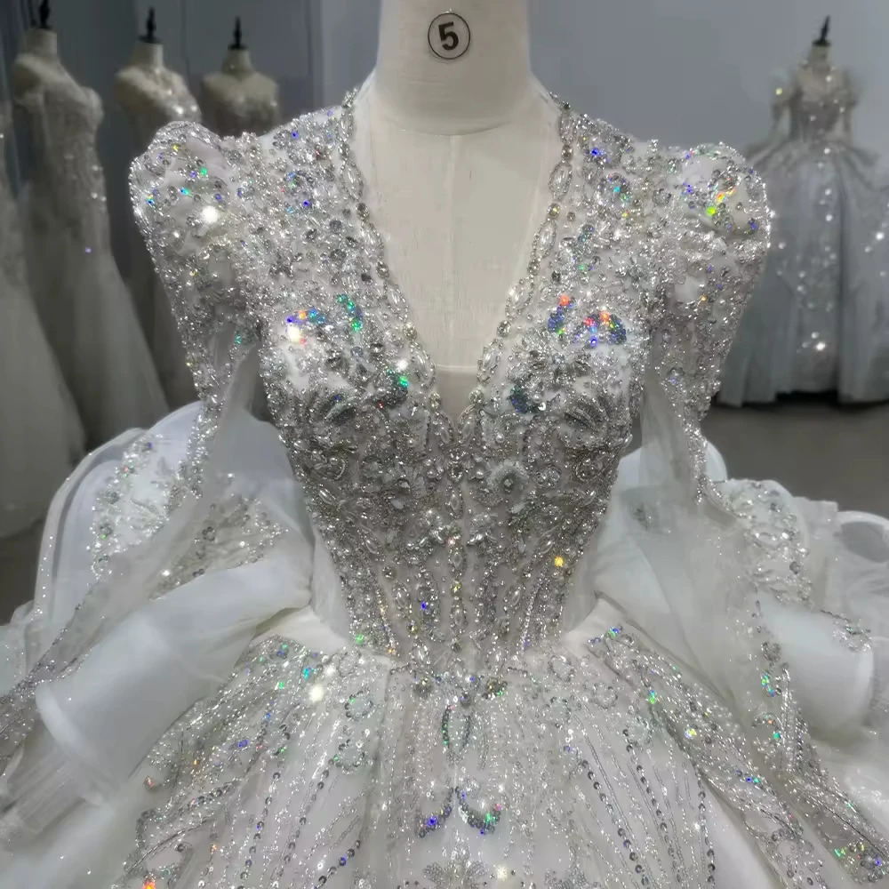 Robes De Mariée Sur Mesure Vestido de novia de manga larga con cuello en V Vestido de fiesta con cordones en la espalda Vestido de novia con cuentas y lentejuelas