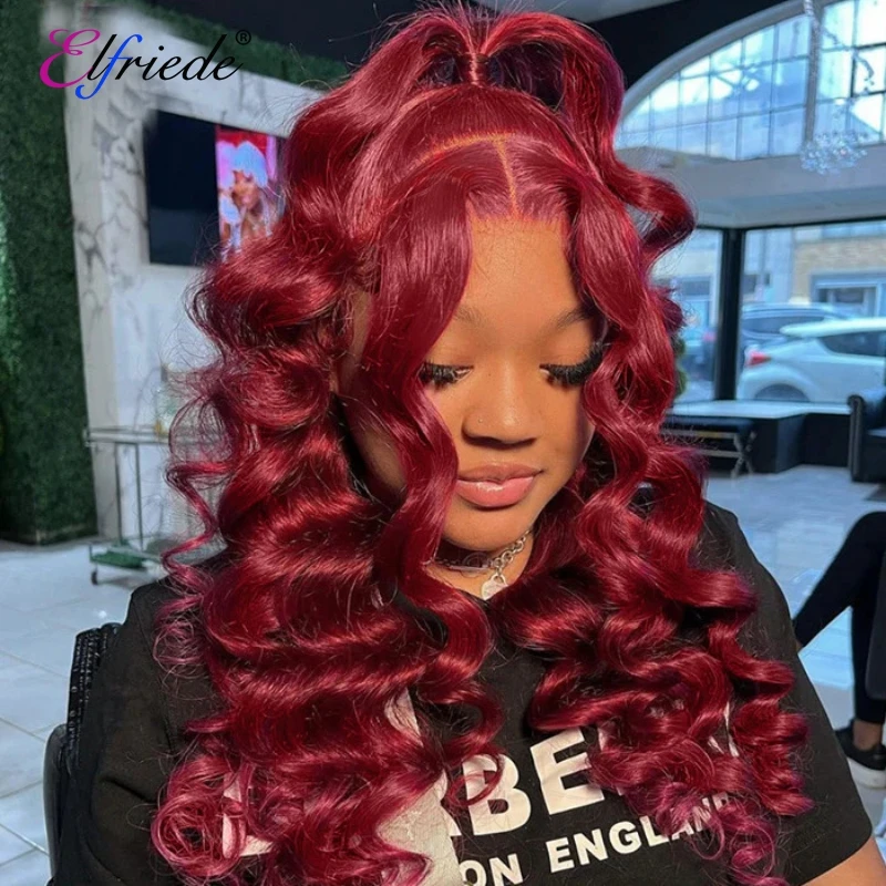 Elfriede #99J Burgundy Loose Wave Glueless Wigs Human Hair Ready to Wear 4X4 Lace Closure Preplucked Human Hair Wig for Women