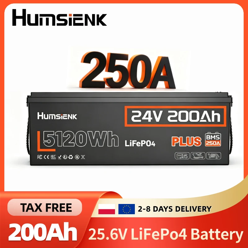 Humsienk 24V 200Ah LiFePO4-Batterie 5120Wh, integriertes 250A Smart BMS, 6000+ Tiefentladungszyklen, direkter Ersatz für Blei-Säure-Batterien, Max 2S4P, für Wohnmobile, Marine, netzunabhängige