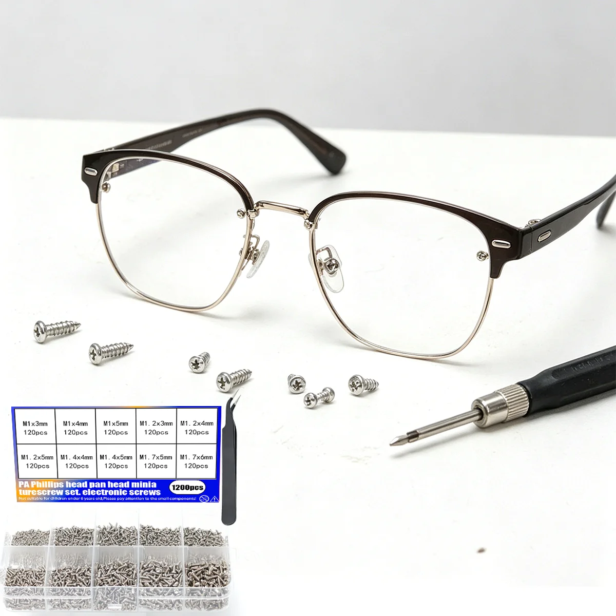 1200-teiliges Miniatur-Schraubenset, PA-Kreuzschlitz- und Flachkopf-Miniaturschrauben, Präzisionsschrauben für Elektronik, M1, M1.2, M1.4, M1.7. – Detail 6