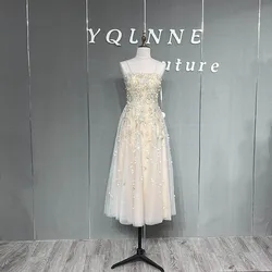 Sweet Beige Short Prom Dresses Straps Tulle Beaded Sequins Tea-Length Formal Party Gown Cocktail Sleeveless YQLNNE