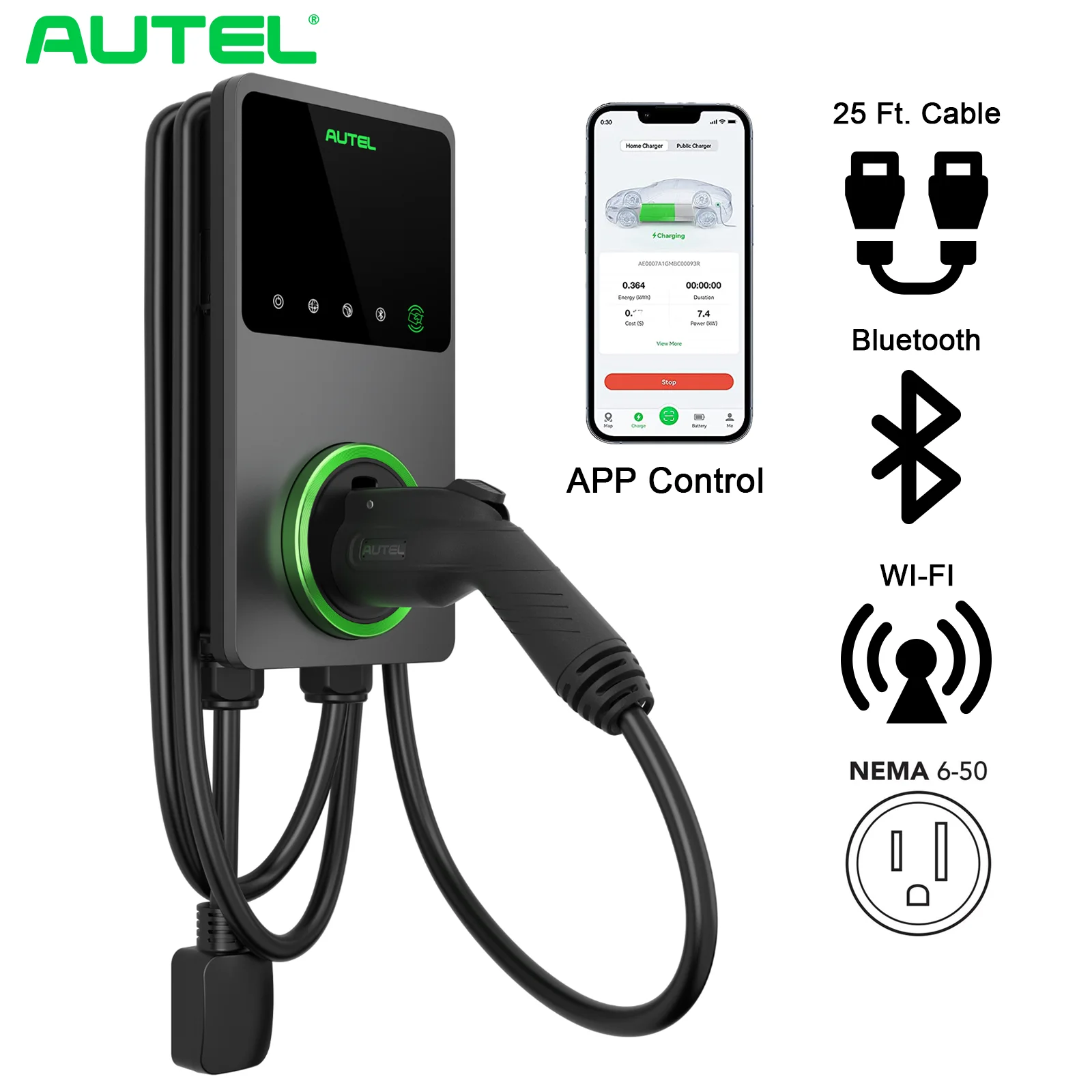 

Autel RFID WIFI Enable 40A 240V 10KW Smart Car EVSE Level 2 EV Charger Home J1772 Wall Electric Vehicle Charging Station 25 ft.