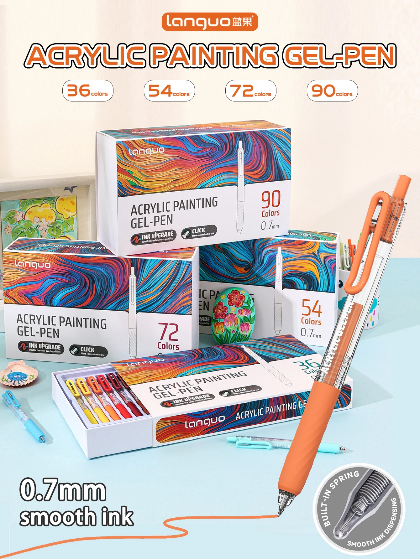 Languo Acrylic Paint Pens, 36/54/72/90 Colors 0.7mm Fine Tip Click Markers for Rock Painting, Ceramic, Wood, Canvas, DIY Crafts