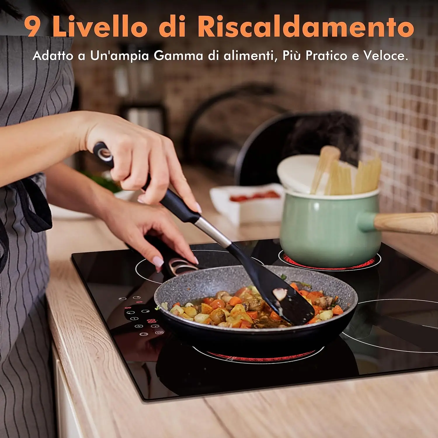 Keramikkochfeld 60 cm, Karinear Keramikglaskochfeld 4 Zonen, 6000 W eingebaut, 220–240 V, kein Stecker, Sicherheitsschloss, Timer, Touch-Steuerung