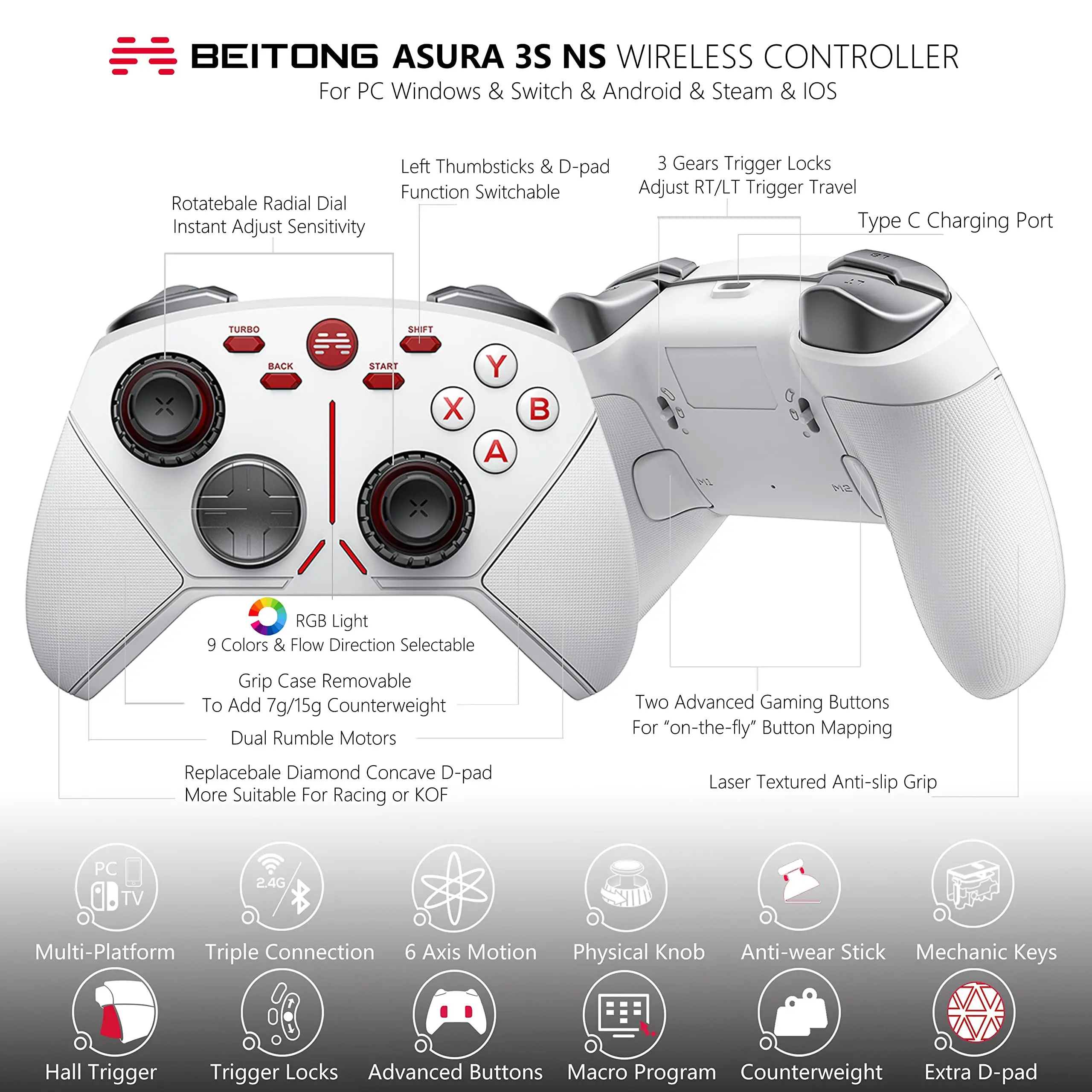 BEITONG Game Controller Wireless Gamepad For Nintendo Switch Android iOS Steam Win10 950 mAh Hall Trigger