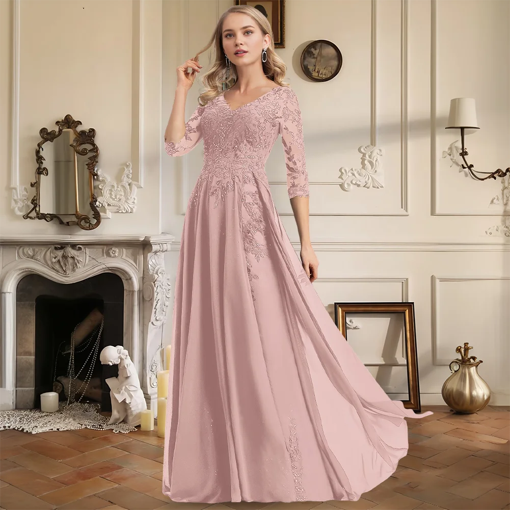 

Evening Dress Woman Elegant A-Line V-Neck Chiffon Lace Sequins Floor-Length Gown With 1/2 Sleeve Prom Wedding Party Formal