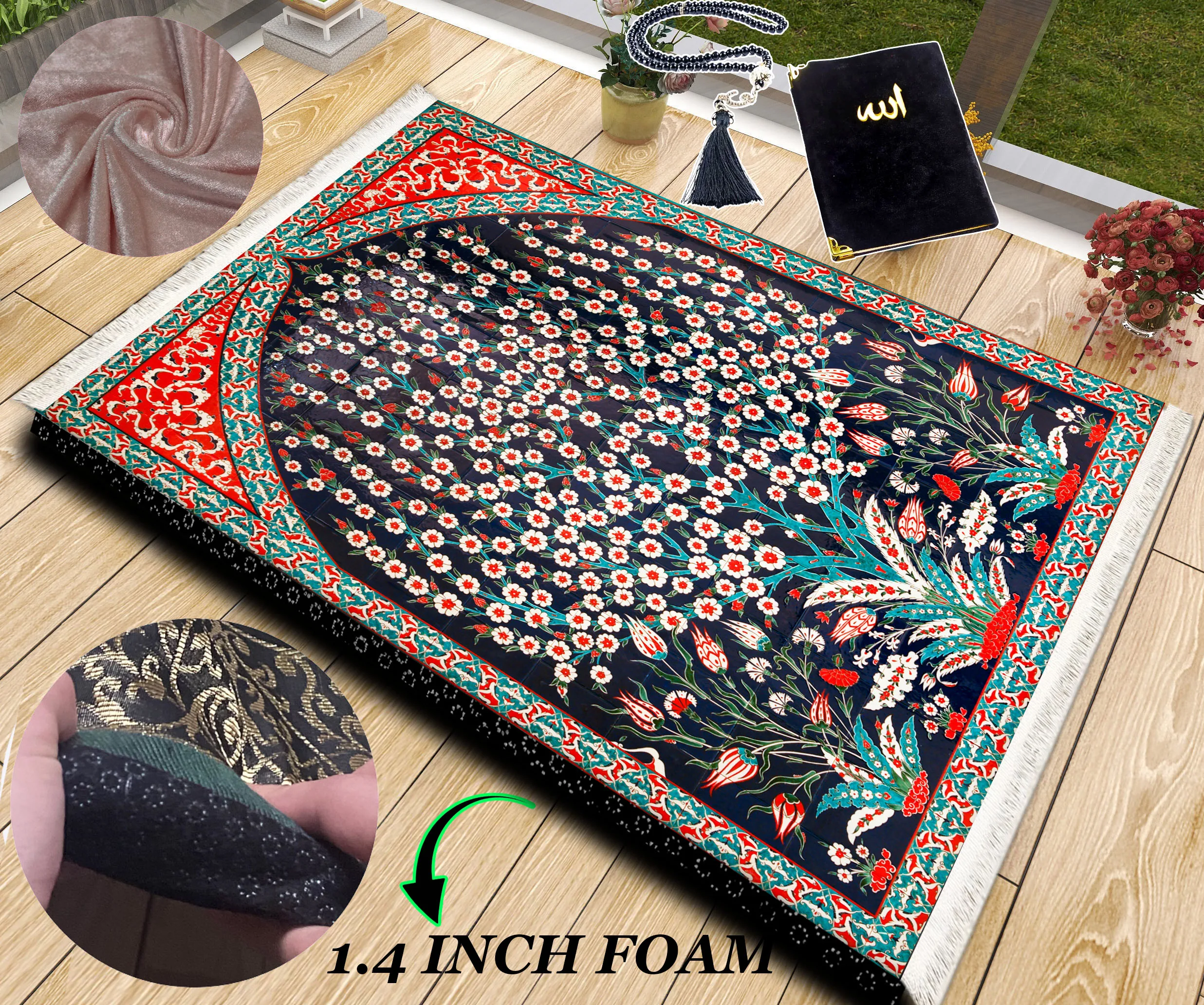 Extra Thick Foam Padded Turkish Tile Art Vintage Prayer Rug, Yaseen, Soft Praying Mat Carpet & Pearl Tasbeeh, İslamic Gift Set