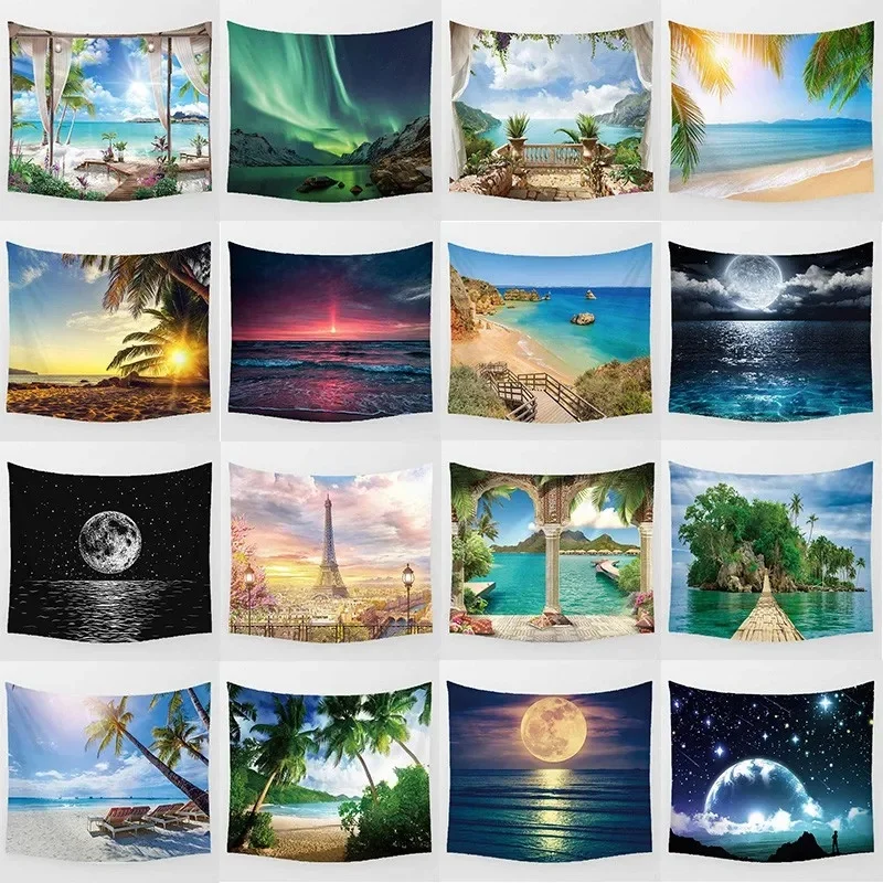 Tapisserie de fond d'art mural, belle nuit, lune, mer, plage, paysage, décoration