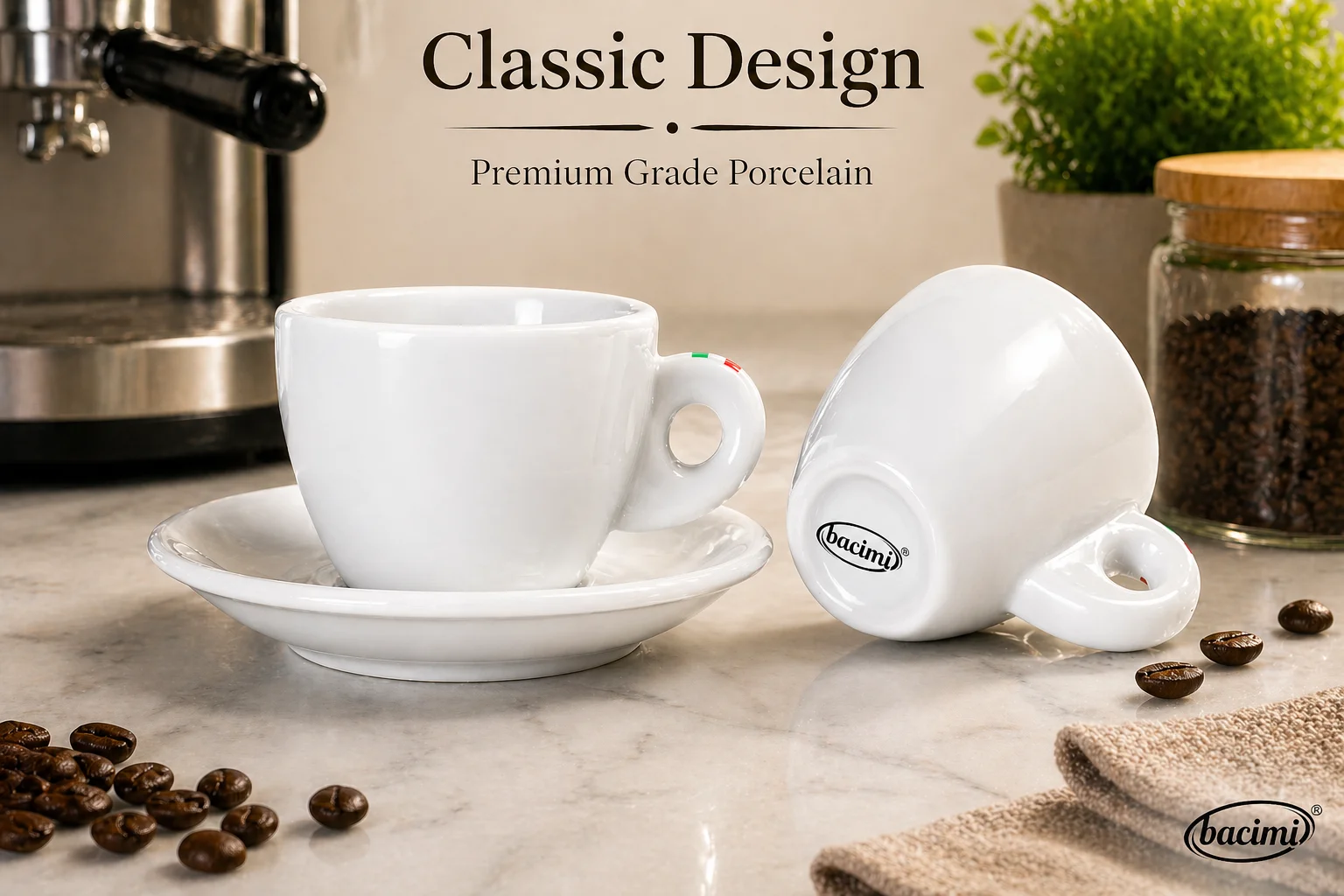 Bacimi® Espresso Cups & Saucers Set of 4 – 3 oz Thick Porcelain Coffee Cups -  Barista Style Cup Set - Classic Italian Design - Ceramic Cups for Espresso, Macchiato, Doppio – Dishwasher & Microwave Safe