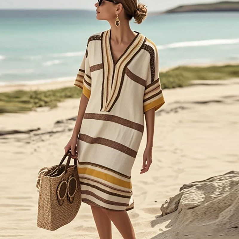 Abito stampato vintage da donna estivo casual mezza manica abiti da vacanza al mare per le donne abiti da pendolarismo larghi con scollo a V Boho