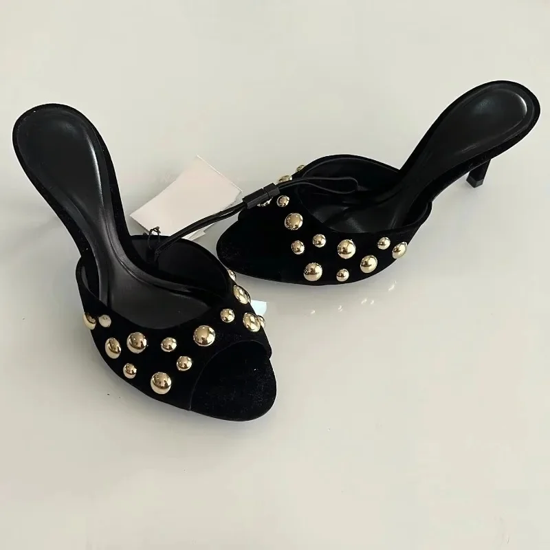 Mules cloutées à bout ouvert, Stiletto à enfiler, Rivets dorés, décor classique et Sexy pour femmes, sandales d'été, robe de soirée, chaussure unique décontractée quotidienne