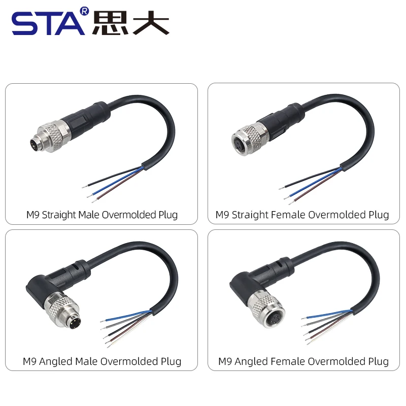 M9 IP67 Waterproof OverMolded Cable Connector Straight/Angled Male Female 2 3 4 5 6 7 8 Pins Aviation Plug Solder Wire 1M PVC