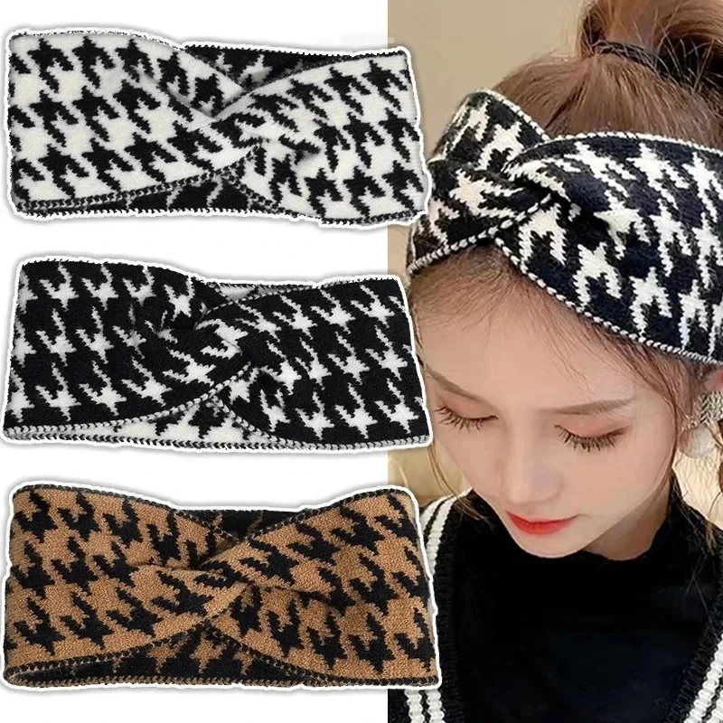 Casual Korea Houndstooth Headwrap opaski dla kobiet akcesoria do włosów nowa bawełniana elastyczna opaska na głowę ciepłe, dzianinowe opaski do włosów — zdjęcie 2