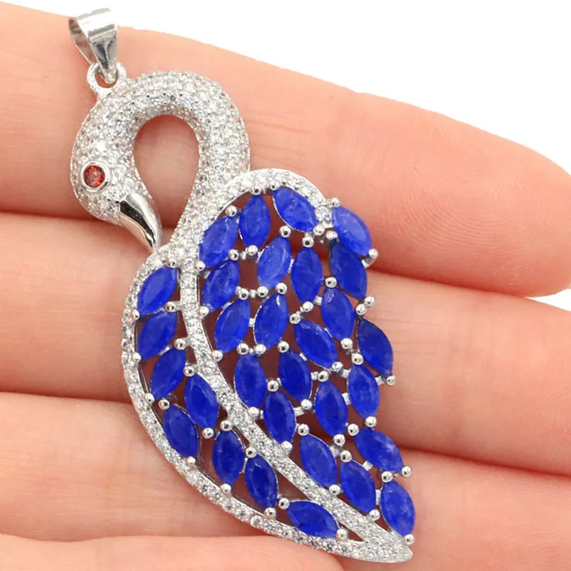 

53x23mm Jazaz 5.9g Swan Shape Real Blue Sapphire Pink Kunzite Violet Tanzanite Women Wedding 925 Solid Sterling Silver Pendant