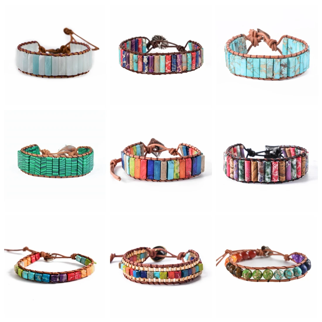 

New Chakra Bracelet Jewelry Handmade Multi Color Natural Stone Tube Beads Leather Wrap Bracelet Couples Bracelets Gifts