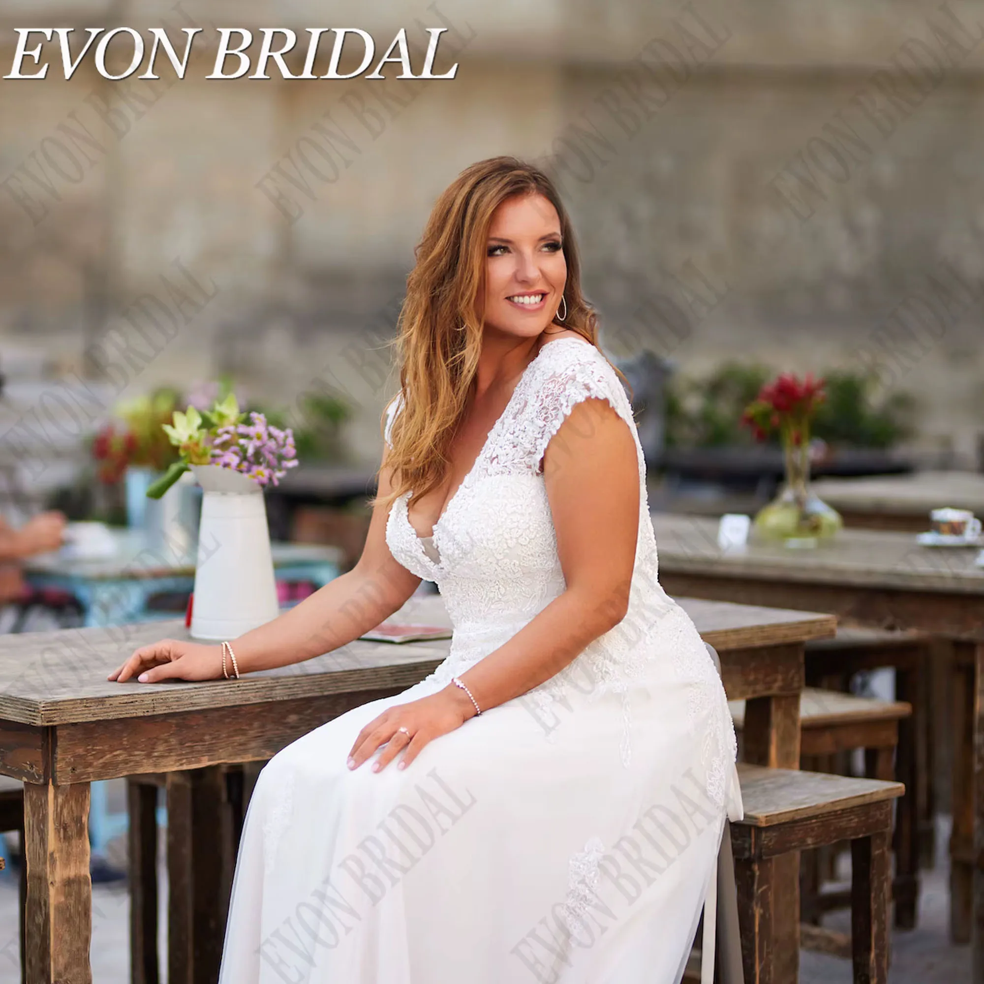 فستان زفاف كبير الحجم العروس على شكل حرف v وأكمام قصيرة مزين فساتين العروس Vestidos De Novia بأربطة ترتر EVON BRIDAL مخصص #6