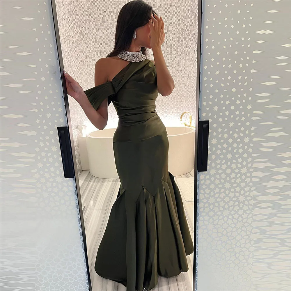 

One-Shoulder Mermaid Prom Gown Solid Color Floor-Length Backless Draped Elegant Evening Party Dresses فساتين للحفلات الراقصة