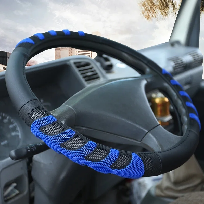 Niebieska PU skórzana obudowa na przyciski na kierownicy do samochodu ciężarowego 36 38 40 42 45 47 50cm średnica Auto kierownica — zdjęcie 2