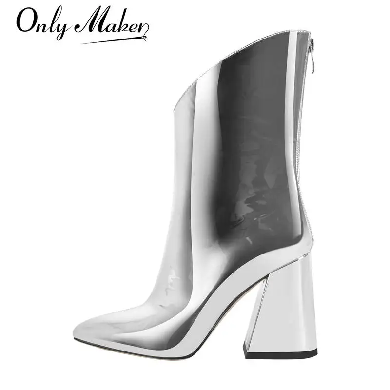 Onlymaker Women Silver Metallic Leather Chunky Heel Ankle Boots Big Size Fashion Zipper Booties