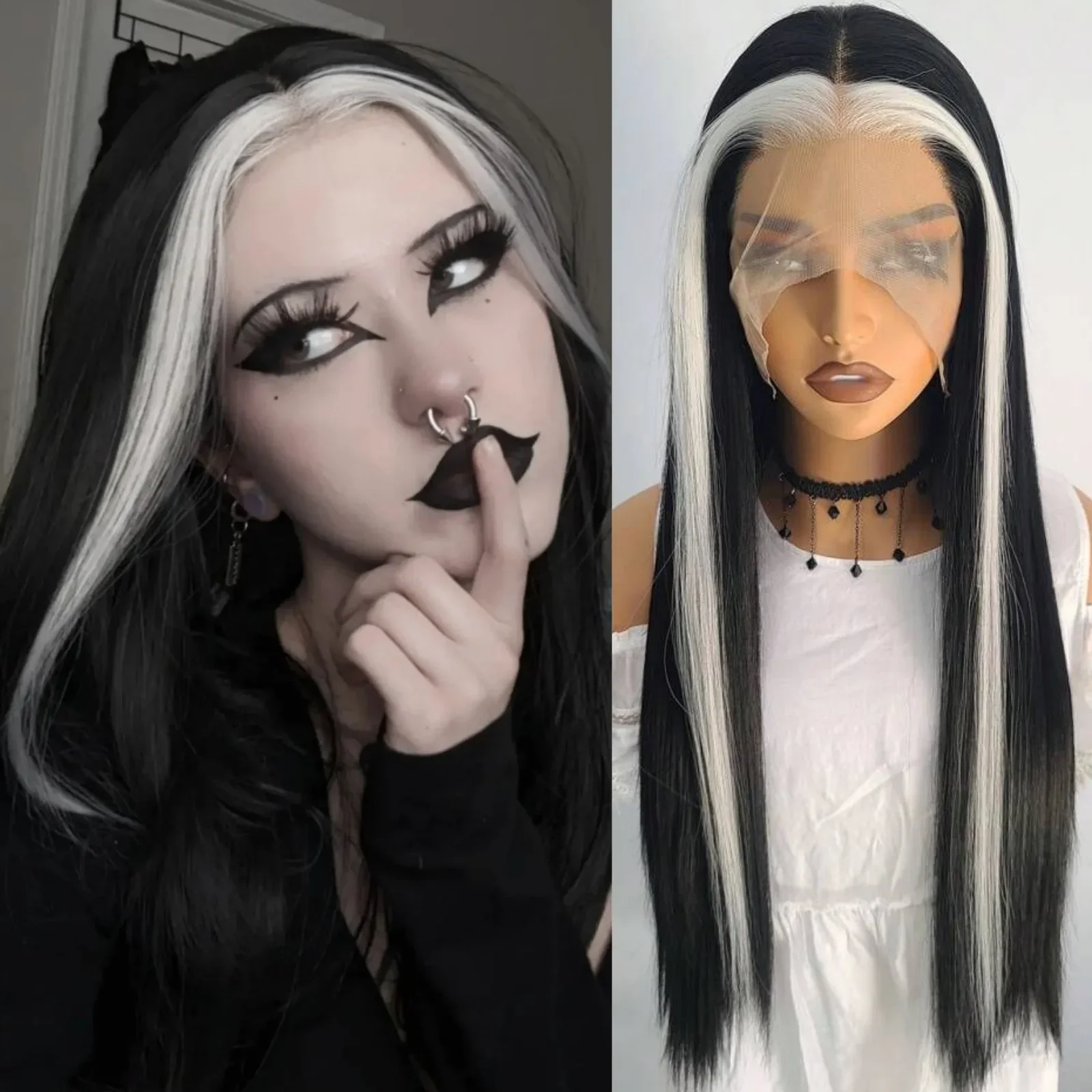 Schwarz-weiße Highlight-Perücke, gerade synthetische Lace-Front-Perücke, leimlose Skunk-Streifen, hervorgehobene Ombre-Schwarz-Perücken für Frauen
