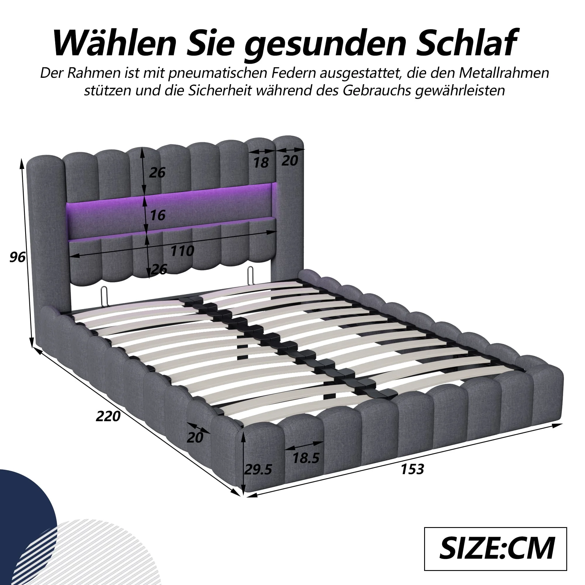 MGMYM bedframe 140/160/180 met hydraulische opbergruimte, bedhoofdeinde met LED en USB, Bubble design, linnen stof