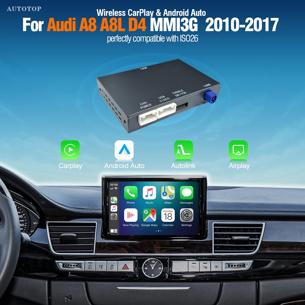 AUTOTOP Box Decoder Retrofit Wireless CarPlay Android Auto per Audi A8 A8L D4 4H 2010-2017 MMI 3G 3G Plus HN+ HNav+ BNav Interfaccia Retrofit per Schermo Originale AirPlay MirrorLink Bluetooth AUX USB