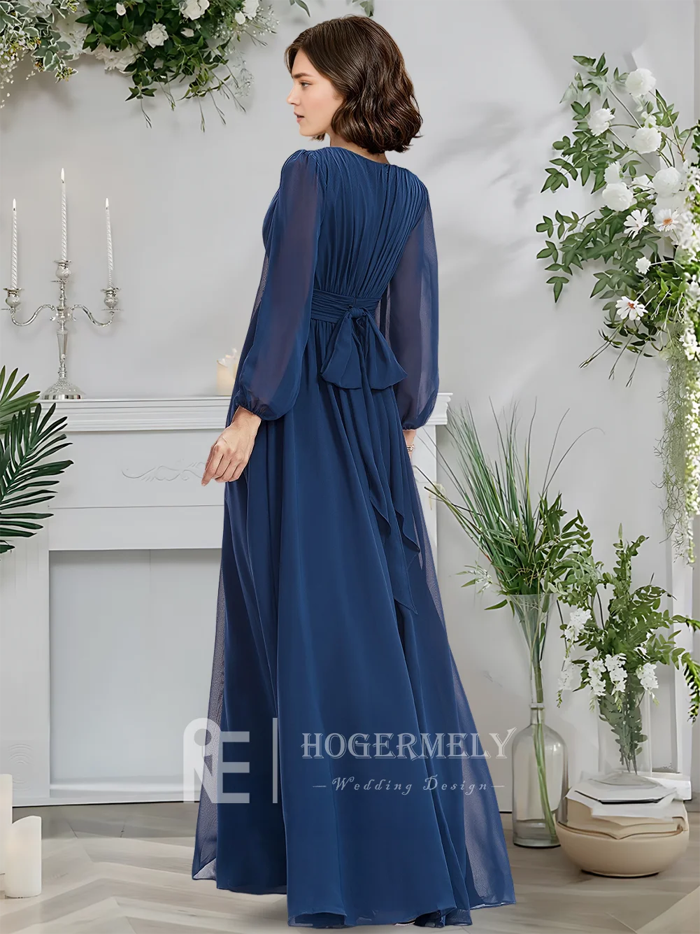 Navy Blue 2025 Elegant Scoop แขนยาว A-Line ยาวชีฟองชุดเพื่อนเจ้าสาว Ruffle งานแต่งงานเกสต์ชุด ​