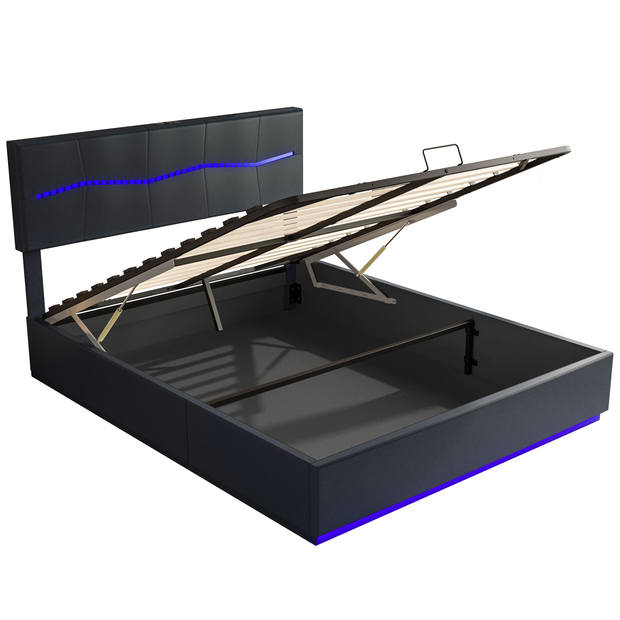 Doppelbett gepolstertes Hebebett mit LED-und USB-Anschlüssen Leder material - 140x200 cm-schwarz-ohne Matratze