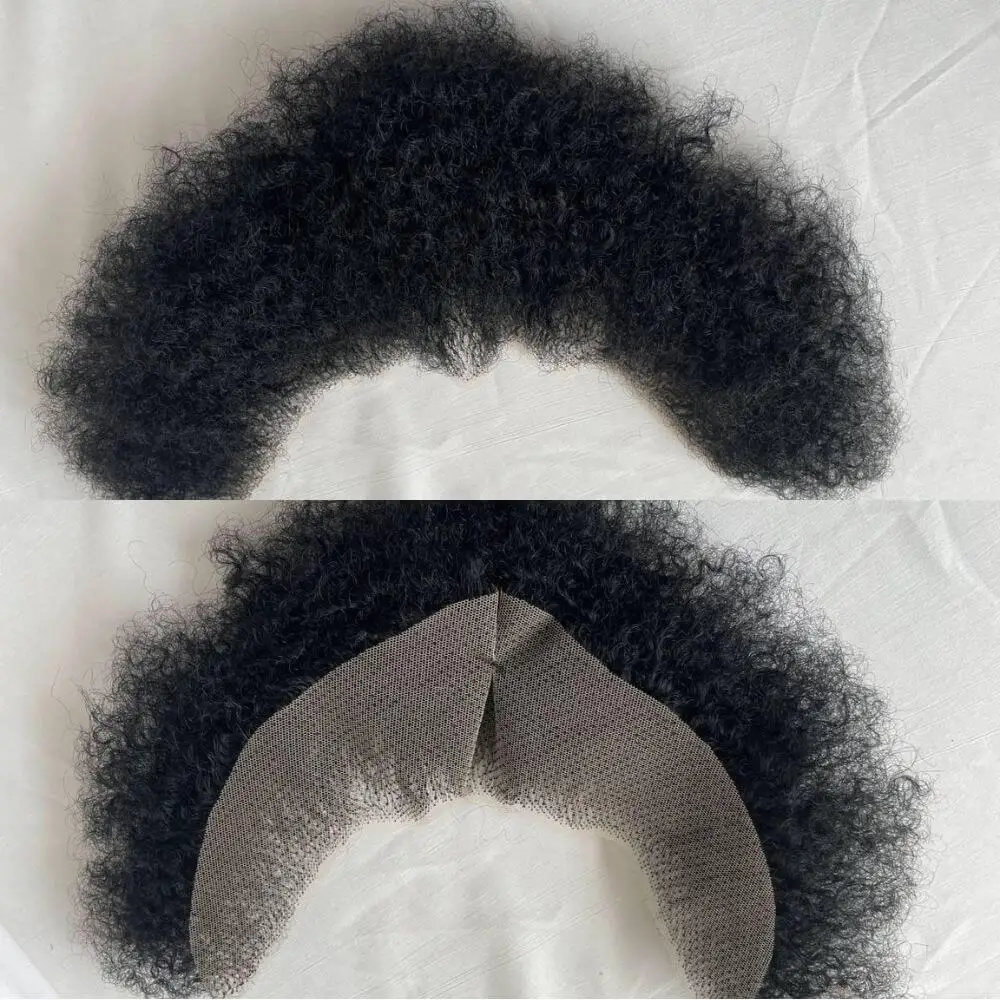 Pwigs Human Hair Afro Curl Face Beard Mustache For American Black Men Realistic Makeup Lace Base Replace System 1B Black Color