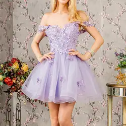 Vestido de fiesta de línea a con hombros descubiertos, minivestido de tul con Espalda descubierta, apliques de mariposa 3D, vestido de regreso a casa con cordones, vestido de baile fruncido encantador