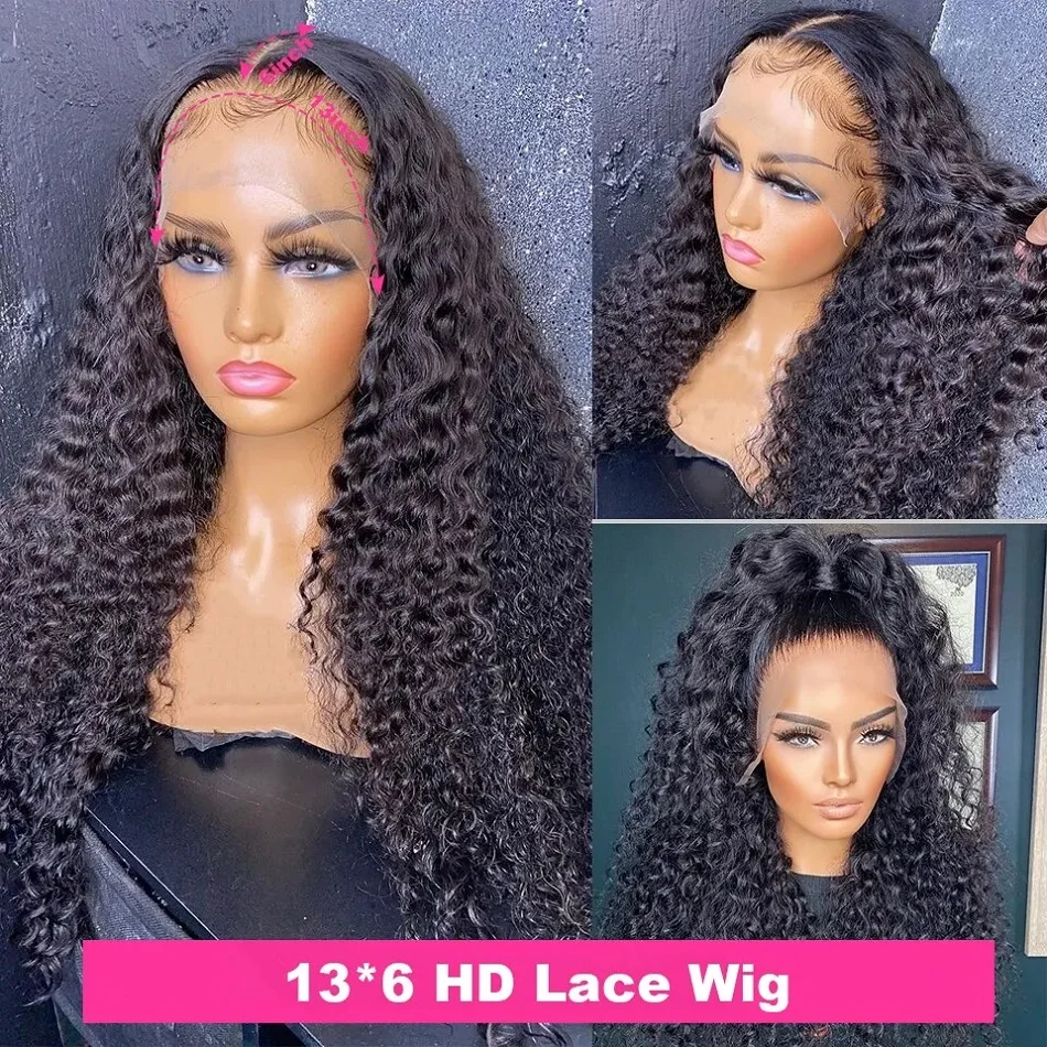 Curly 200 Density 13x6 HD Transparent Lace Frontal Human Hair Wig Deep Wave 30 40 Inch 13x4 Lace Front Wigs Brazilian Water Wave