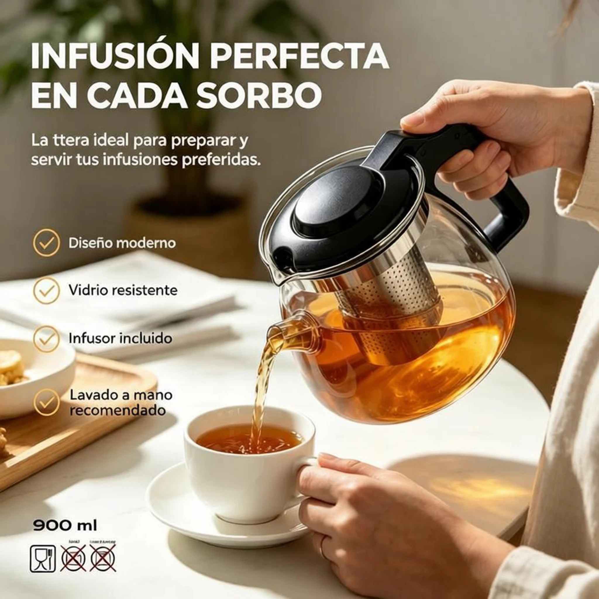 Théière en verre résistant à la chaleur d'une capacité de 900 ml avec infuseur amovible en acier inoxydable, poignée ergonomique antidérapante et couvercle hermétique, design moderne pour la préparation du thé et des infusions, adapté au contact alimentaire, facile à nettoyer, ne convient pas pour