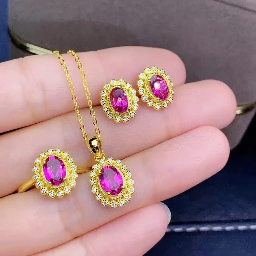 KJJEAXCMY Boutique Jewelry 925 Pure Silver Natural Pink Topaz Ring Earring Pendant Set Electroplated Gold Party Birthday Christm
