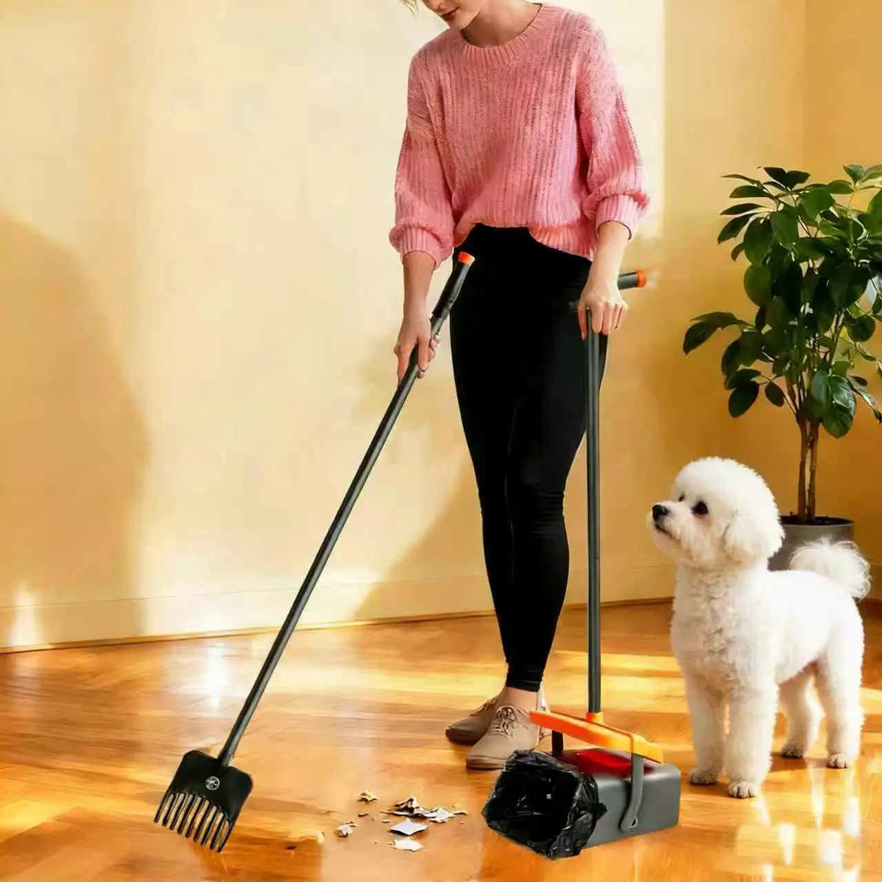 Ramasseur de déchets pour toilettes en PET, outils de ramassage rotatifs pour toilettes en PET, pelle et balayette à long manche pour toilettes, avec un rouleau de sacs poubelles