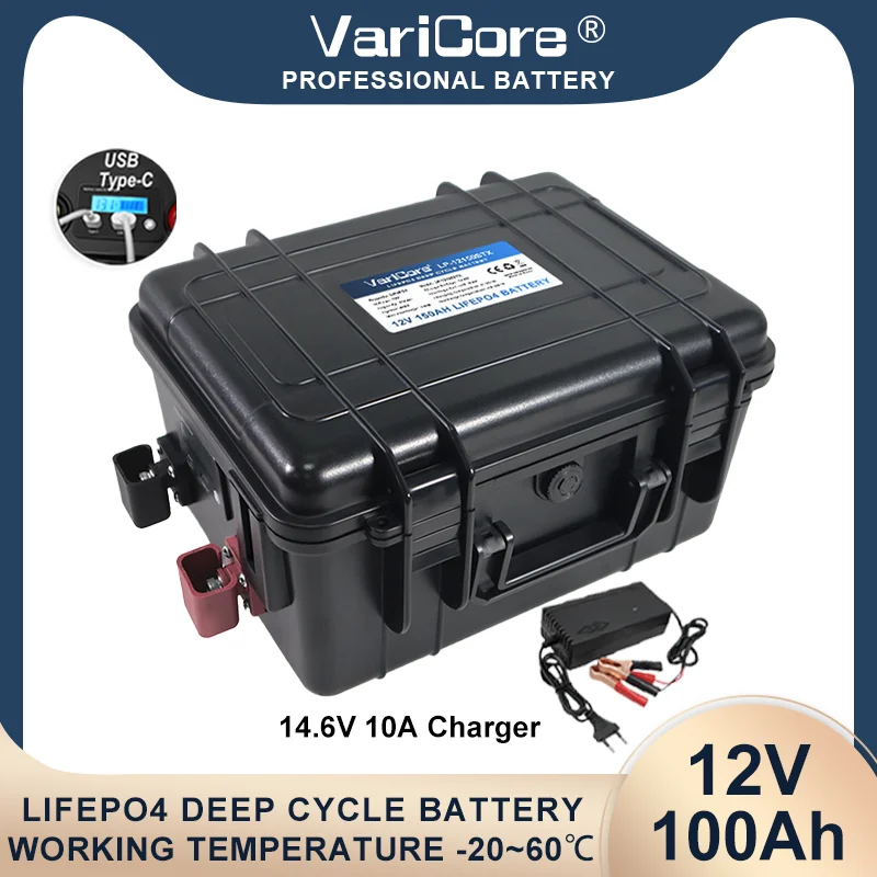 Batterie rechargeable Varicore LiFePO4 12,8 V 100 Ah à décharge profonde avec BMS 100 A pour camping-car, caravane et stockage d'énergie solaire