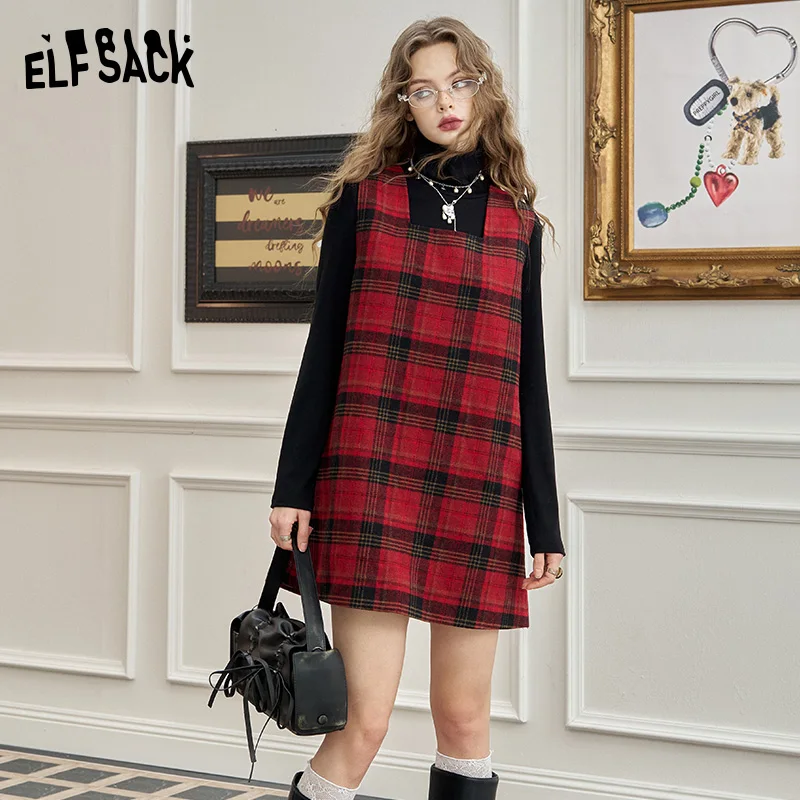 ELFSACK 2024 Winter New Arrivals Red plaid vest short dress for women, loose and slim casual preppy style skirt