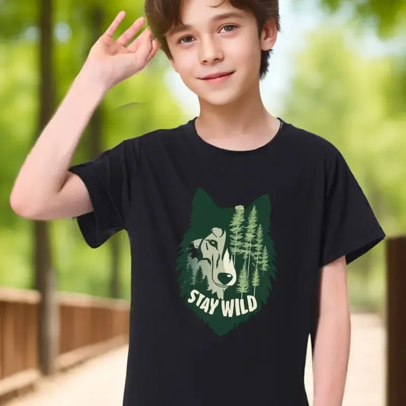 

Tiger and Wolf STAY WILD Print Boy's T-shirt, kids Casual Short Sleeve Comfortable cotton Summer Outdoor Top