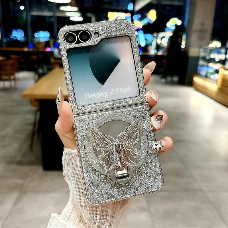 Luxury Flash Diamond Metal Butterfly Flip Makeup Mirror phone case for Samsung Z Flip5 zflip6 3 4 5G fashion stand shock cover