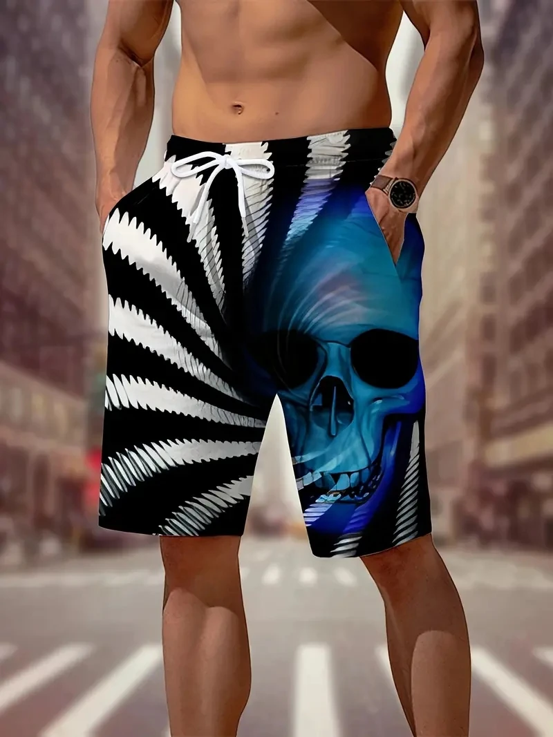 Summer Men's Stripe and Skull Pattern Shorts, Casual Drawstring, Halloween Themed Shorts for Everyday Summer Casual Wear