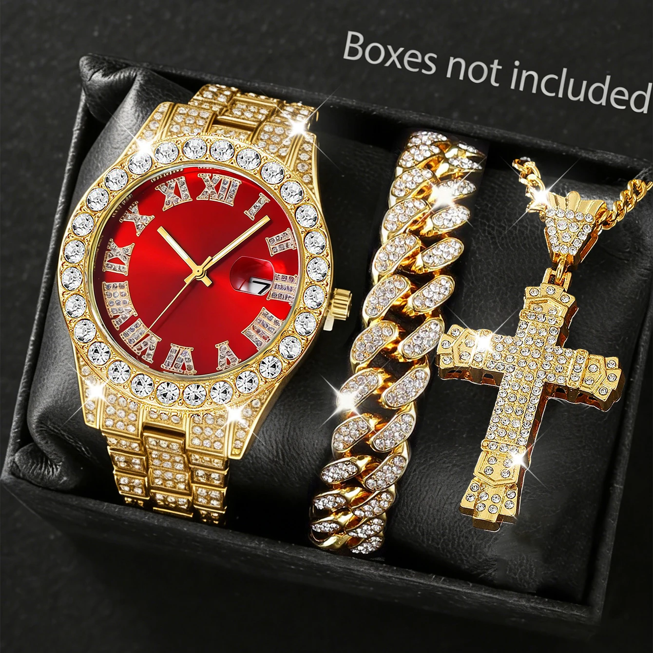 3-Piece Set of Fashionable Men's Classic Rhinestone Quartz Watches——Equipped with a Calendar Function, Round Dial, and Comes with a Matching Cross Pendant Necklace and Chain Bracelet; Battery-Powered, Alloy Watch Case; Designed Specifically for Men, Ideal as a Gift for Friends and Family.