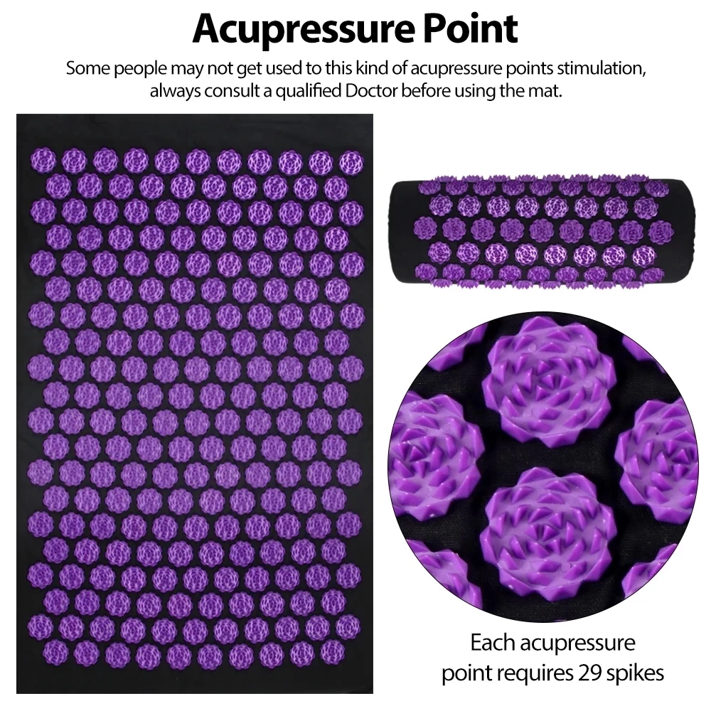 3PCS Acupressure Yoga Mat Cushion Sensi Massage Body Kuznetsov\'s Applicator Needles with Spikes Pillow Foot Massager Fitness