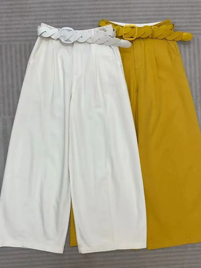 

Casual spring cotton high-waisted woven belt loose wide-leg pants