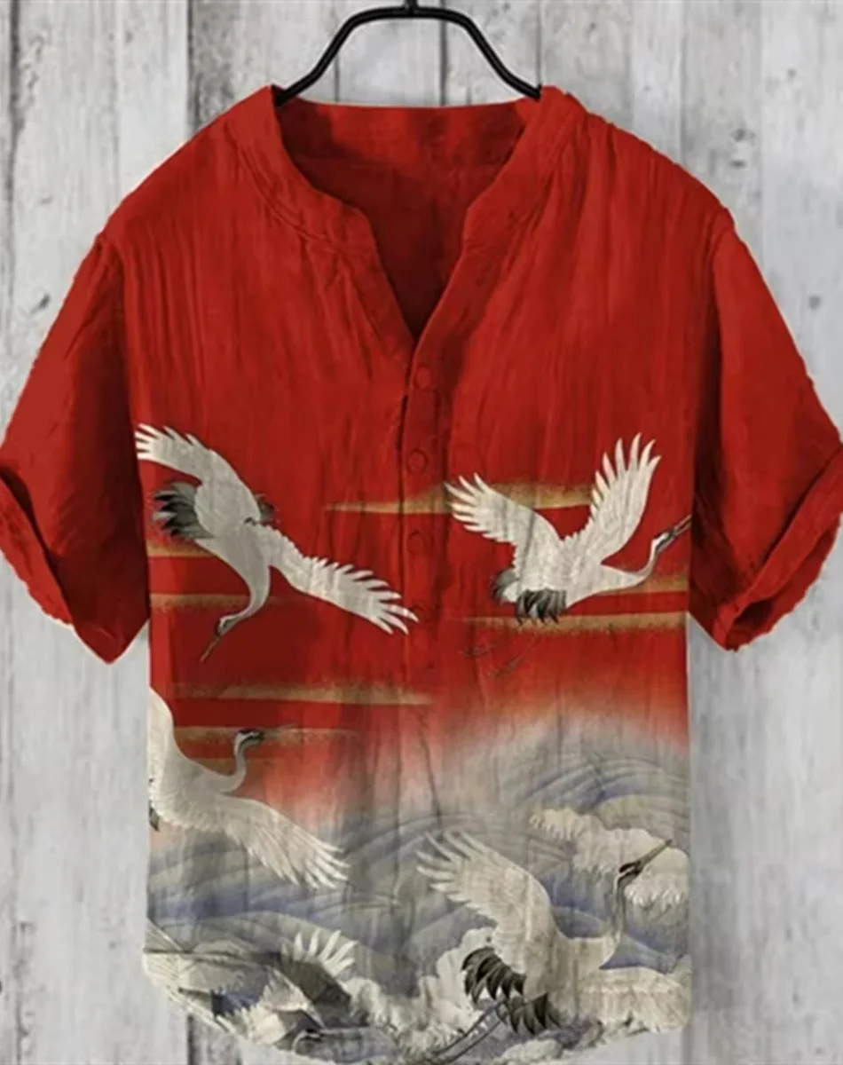 Новая мужская льняная рубашка с коротким рукавом и 3D-принтом «Летающие журавли и лягушки», пуловер, гавайская пляжная рубашка с коротким рукавом для мужчин